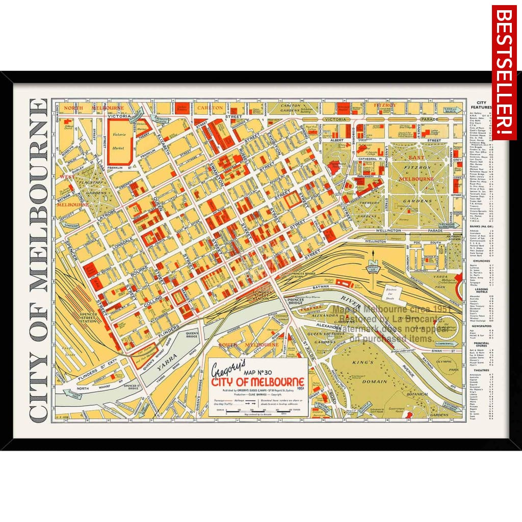 Map Of Melbourne 1951 | Australia 422Mm X 295Mm 16.6 11.6 A3 / Black Print Art