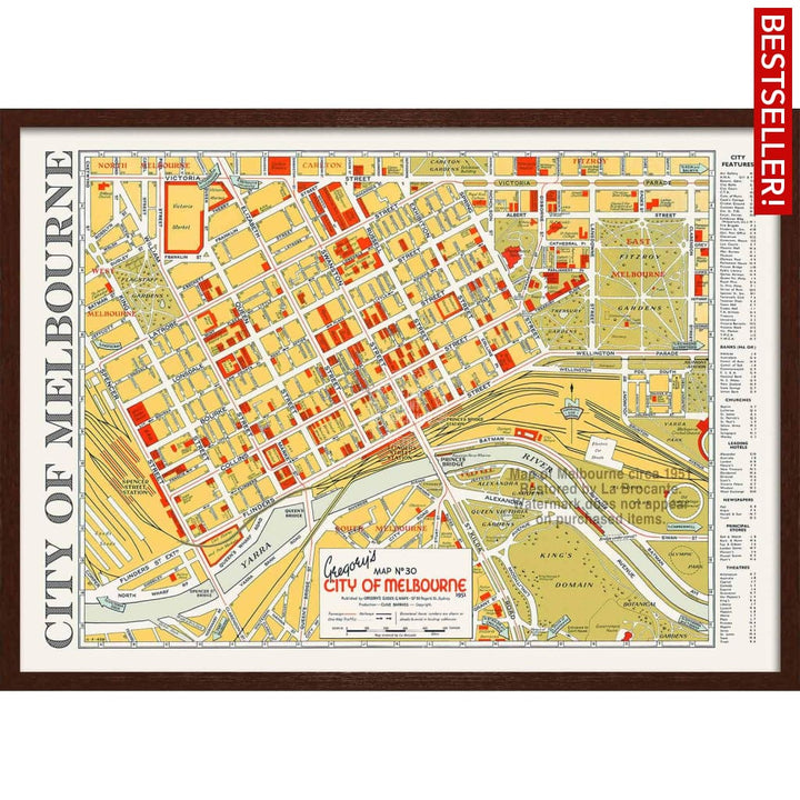 Map Of Melbourne 1951 | Australia 422Mm X 295Mm 16.6 11.6 A3 / Dark Oak Print Art