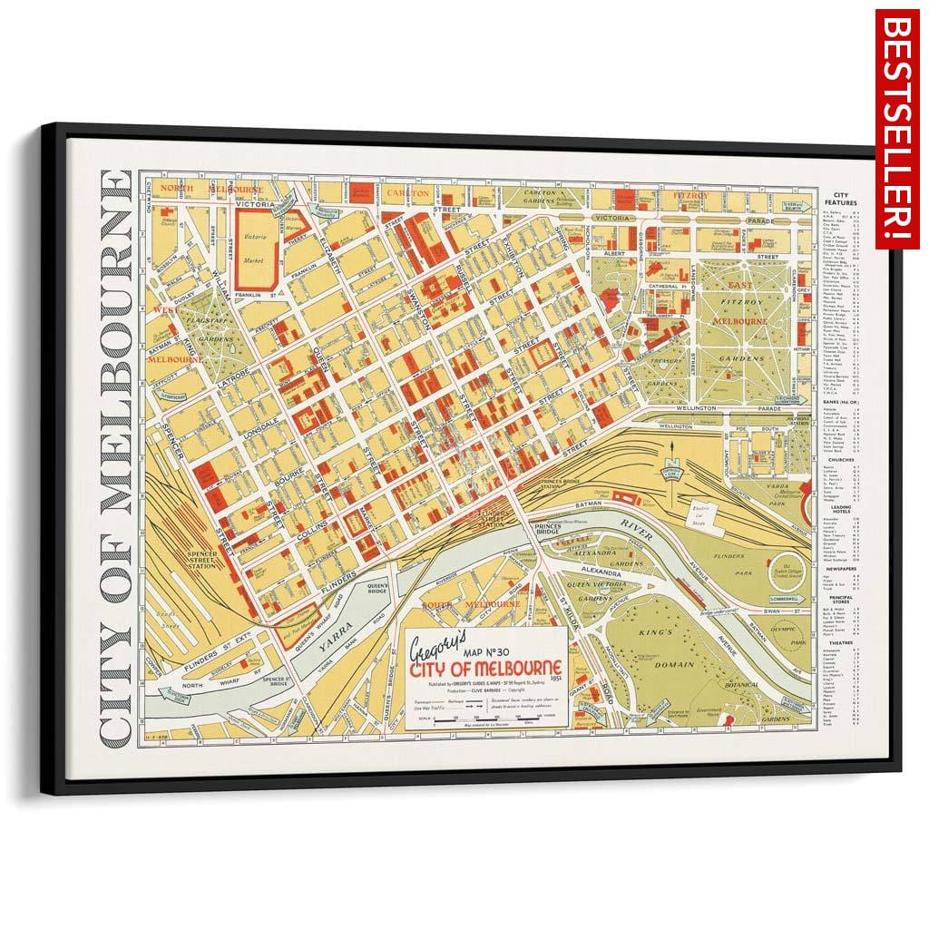 Map Of Melbourne 1951 | Australia A3 297 X 420Mm 11.7 16.5 Inches / Canvas Floating Frame - Black