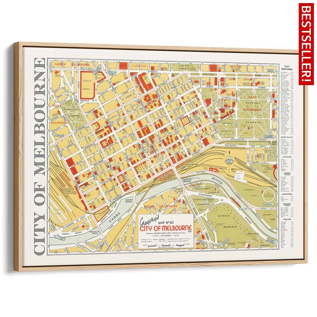 Map Of Melbourne 1951 | Australia A3 297 X 420Mm 11.7 16.5 Inches / Canvas Floating Frame - Natural