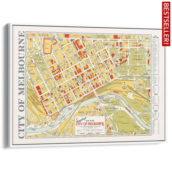 Map Of Melbourne 1951 | Australia A3 297 X 420Mm 11.7 16.5 Inches / Canvas Floating Frame - White