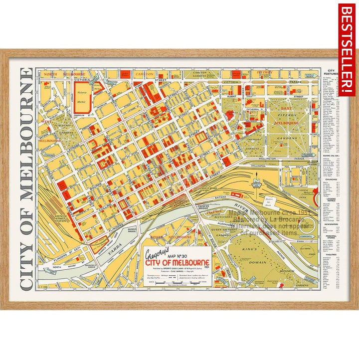Map Of Melbourne 1951 | Australia 422Mm X 295Mm 16.6 11.6 A3 / Natural Oak Print Art