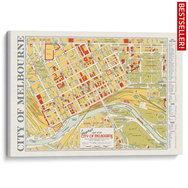 Map Of Melbourne 1951 | Australia A3 297 X 420Mm 11.7 16.5 Inches / Stretched Canvas Print Art