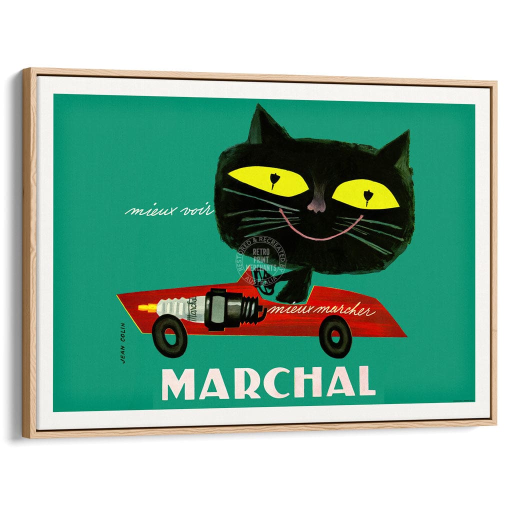 MARCHAL CAT | FRANCE A3 | 297 x 420mm | 11.7 x 16.5 inches / Canvas Floating Frame: Natural Oak Timber Print Art