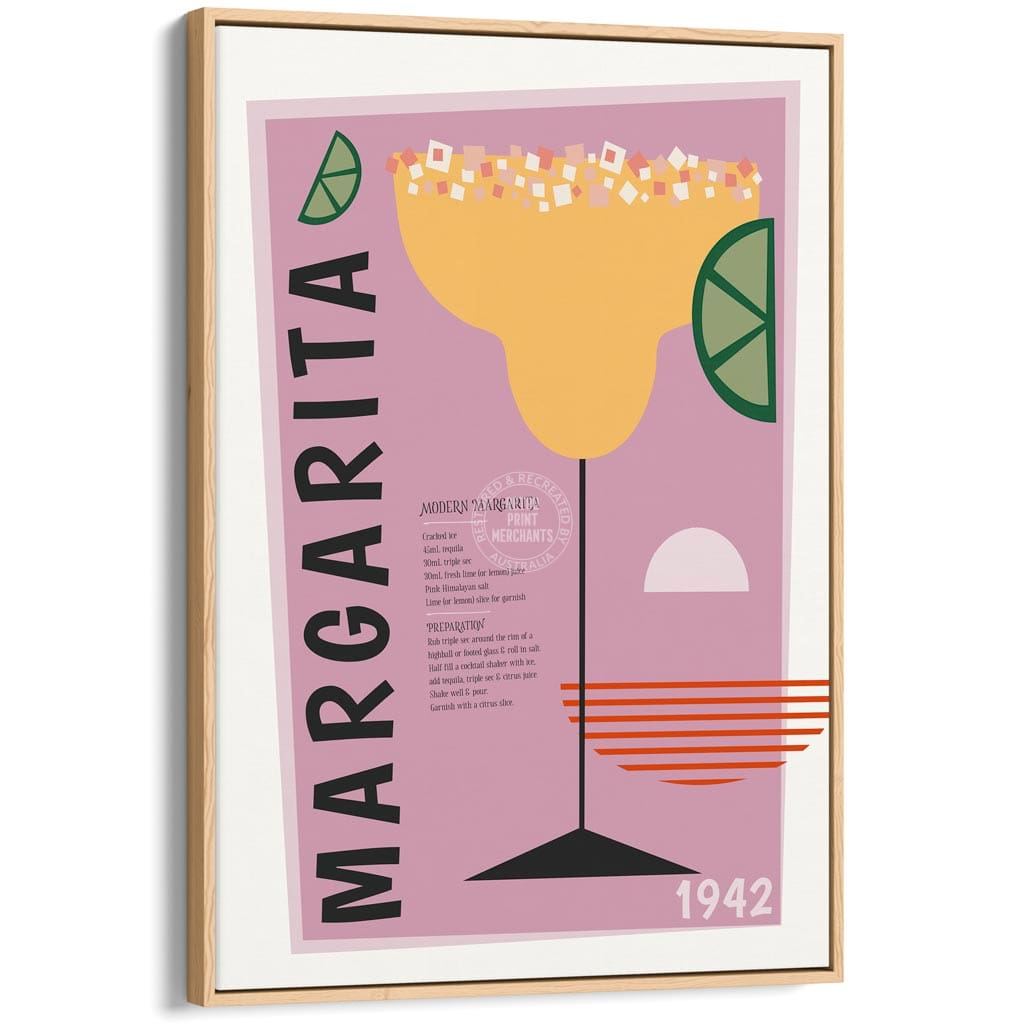 Margarita Cocktail | Worldwide A4 210 X 297Mm 8.3 11.7 Inches / Canvas Floating Frame: Natural Oak