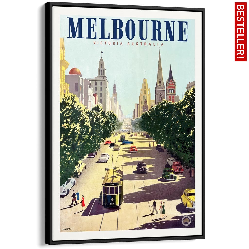 MELBOURNE COLLINS STREET | AUSTRALIA A3 | 297 x 420mm | 11.7 x 16.5 inches / Canvas Floating Frame: Black Timber Print