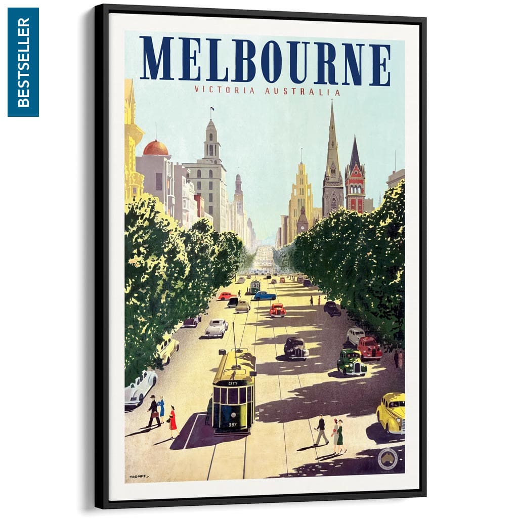 MELBOURNE COLLINS STREET | AUSTRALIA A3 | 297 x 420mm | 11.7 x 16.5 inches / Canvas Floating Frame: Black Timber Print
