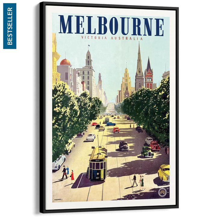 MELBOURNE COLLINS STREET | AUSTRALIA A3 | 297 x 420mm | 11.7 x 16.5 inches / Canvas Floating Frame: Black Timber Print