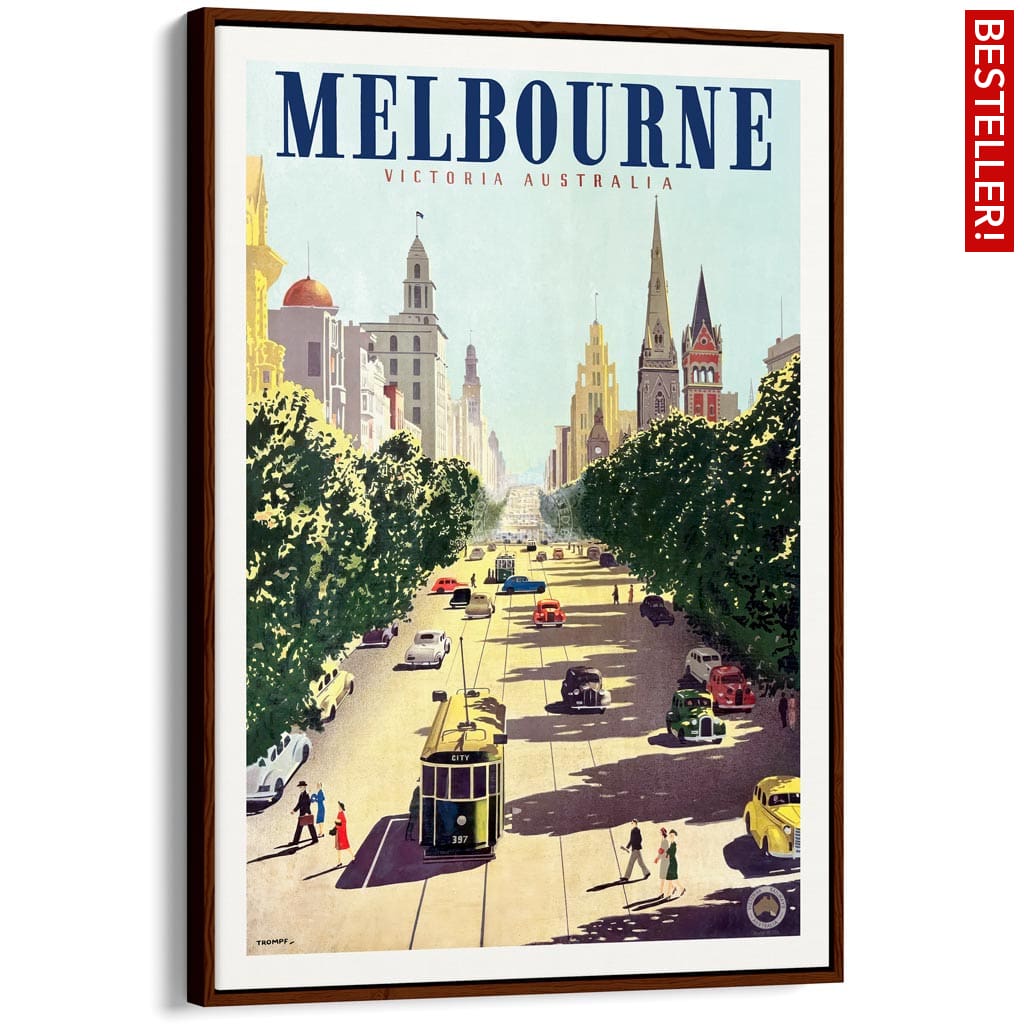 MELBOURNE COLLINS STREET | AUSTRALIA A3 | 297 x 420mm | 11.7 x 16.5 inches / Canvas Floating Frame: Chocolate Oak