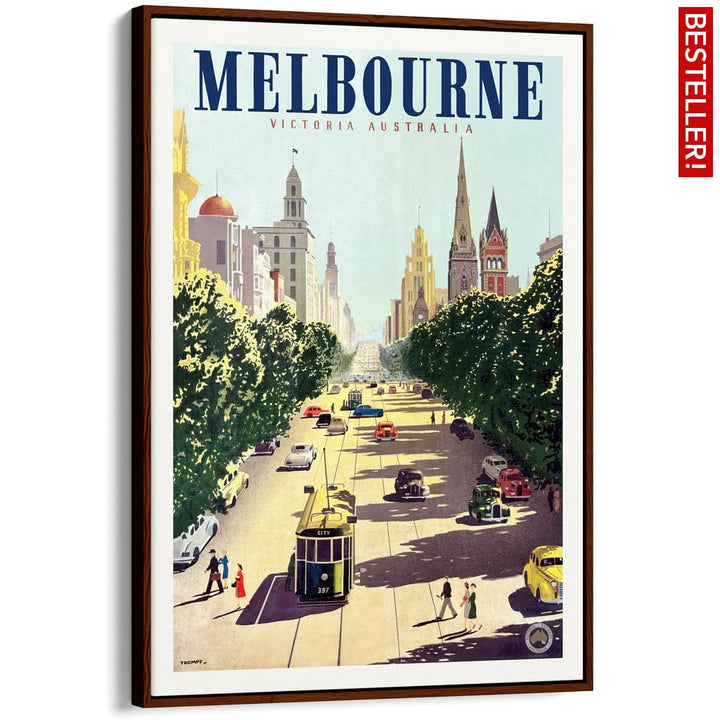 MELBOURNE COLLINS STREET | AUSTRALIA A3 | 297 x 420mm | 11.7 x 16.5 inches / Canvas Floating Frame: Chocolate Oak