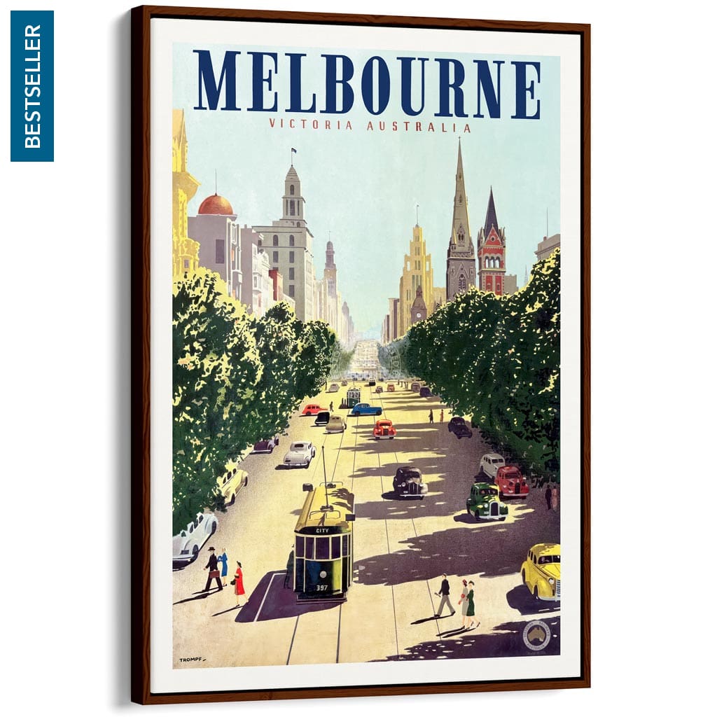 MELBOURNE COLLINS STREET | AUSTRALIA A3 | 297 x 420mm | 11.7 x 16.5 inches / Canvas Floating Frame: Chocolate Oak