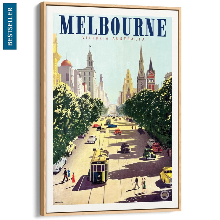 MELBOURNE COLLINS STREET | AUSTRALIA A3 | 297 x 420mm | 11.7 x 16.5 inches / Canvas Floating Frame: Natural Oak Timber
