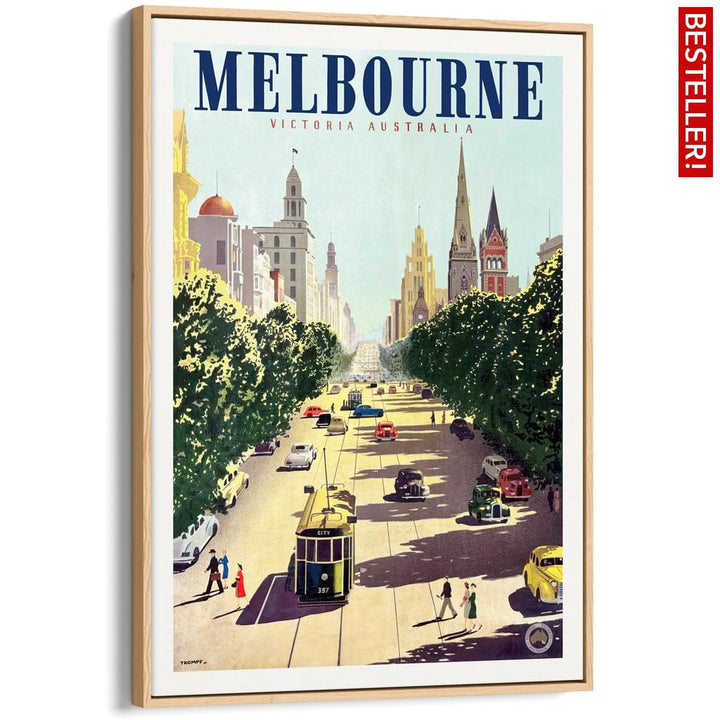 MELBOURNE COLLINS STREET | AUSTRALIA A3 | 297 x 420mm | 11.7 x 16.5 inches / Canvas Floating Frame: Natural Oak Timber