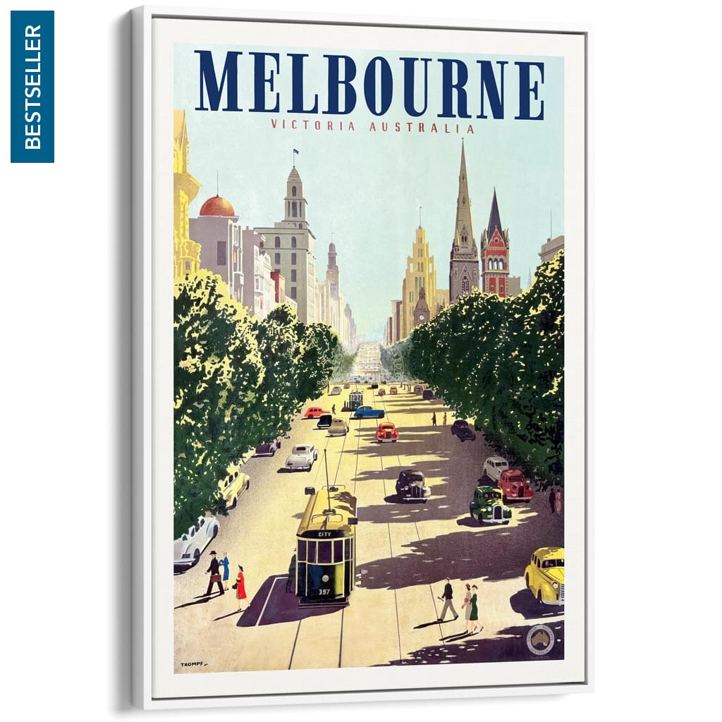 MELBOURNE COLLINS STREET | AUSTRALIA A3 | 297 x 420mm | 11.7 x 16.5 inches / Canvas Floating Frame: White Timber Print