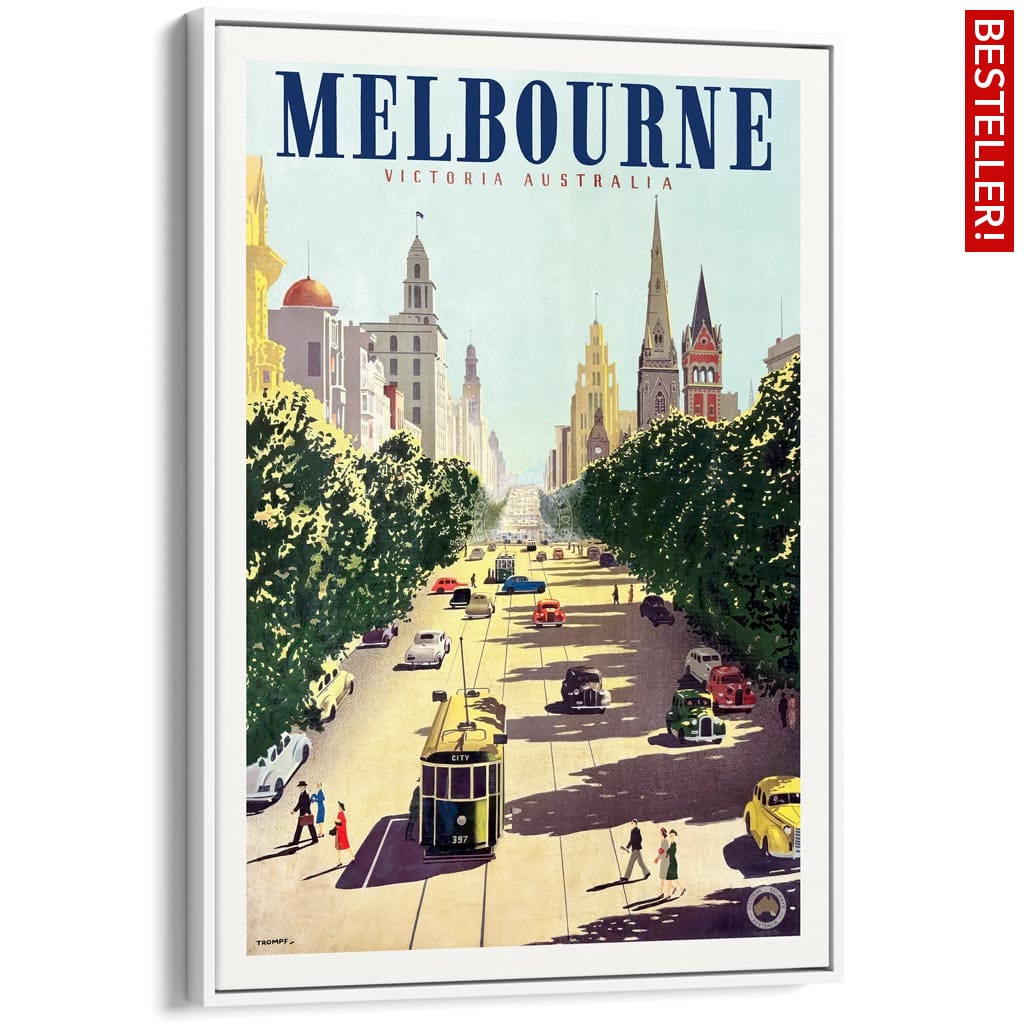 MELBOURNE COLLINS STREET | AUSTRALIA A3 | 297 x 420mm | 11.7 x 16.5 inches / Canvas Floating Frame: White Timber Print