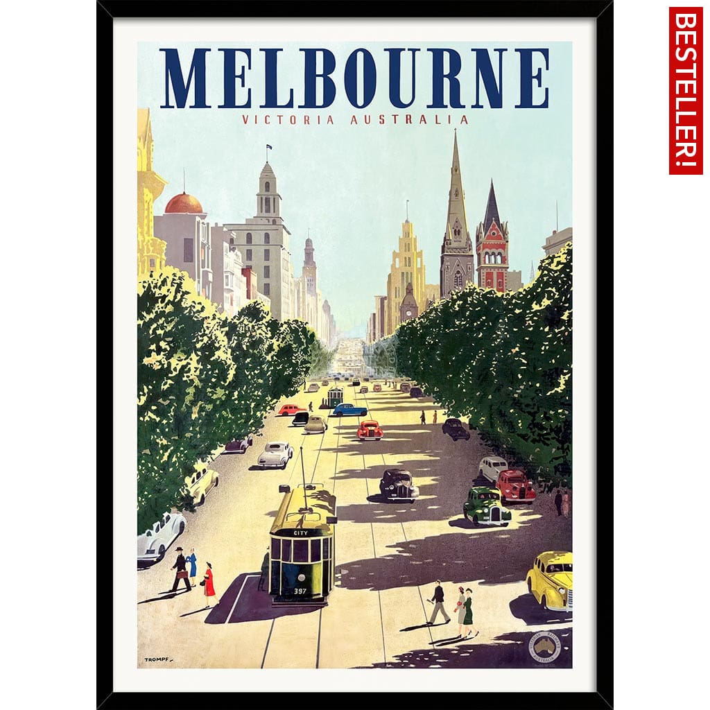 MELBOURNE COLLINS STREET | AUSTRALIA A3 | 297 x 420mm | 11.7 x 16.5 inches / Framed Print: Black Timber Print Art