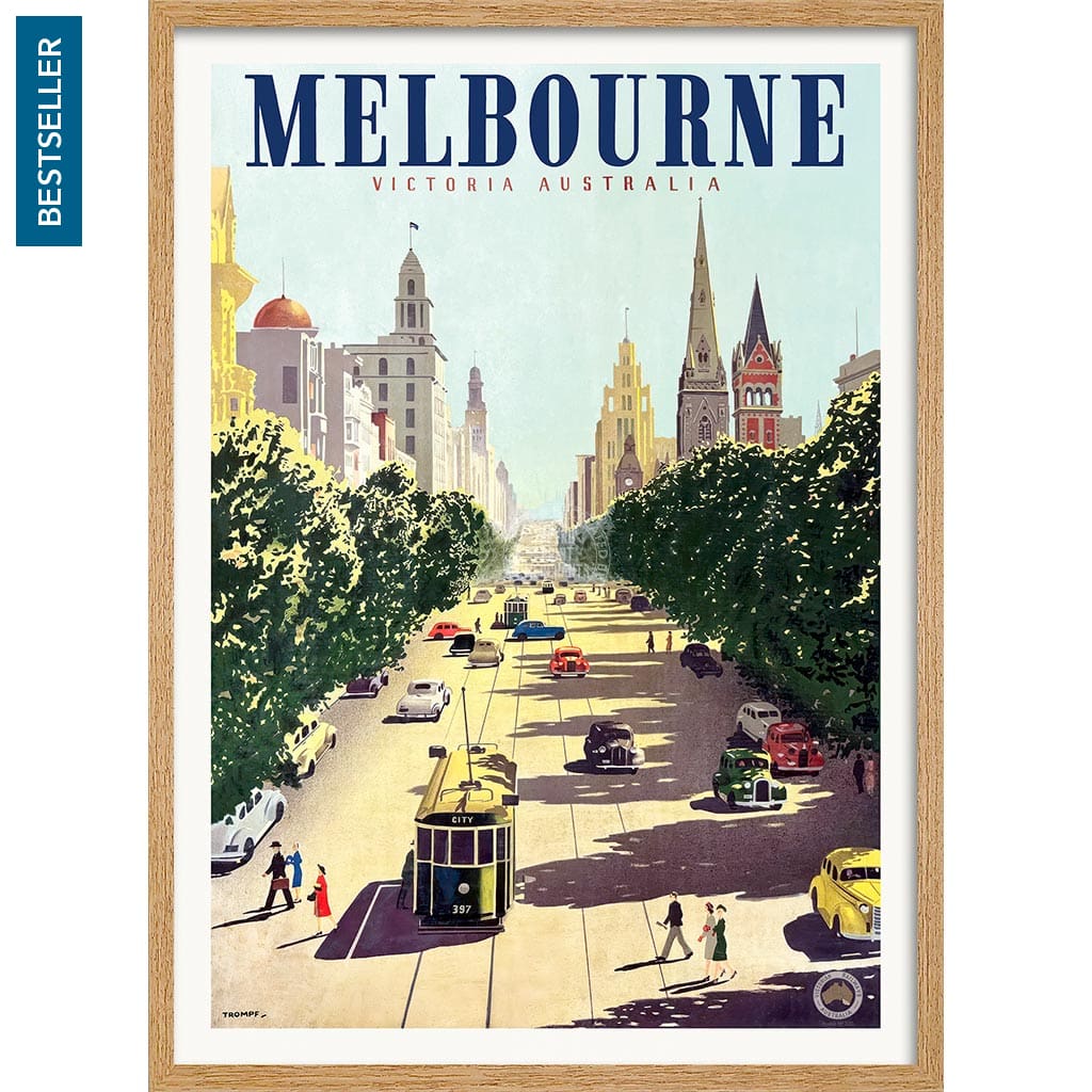 MELBOURNE COLLINS STREET | AUSTRALIA A3 | 297 x 420mm | 11.7 x 16.5 inches / Framed Print: Natural Oak Timber Print Art