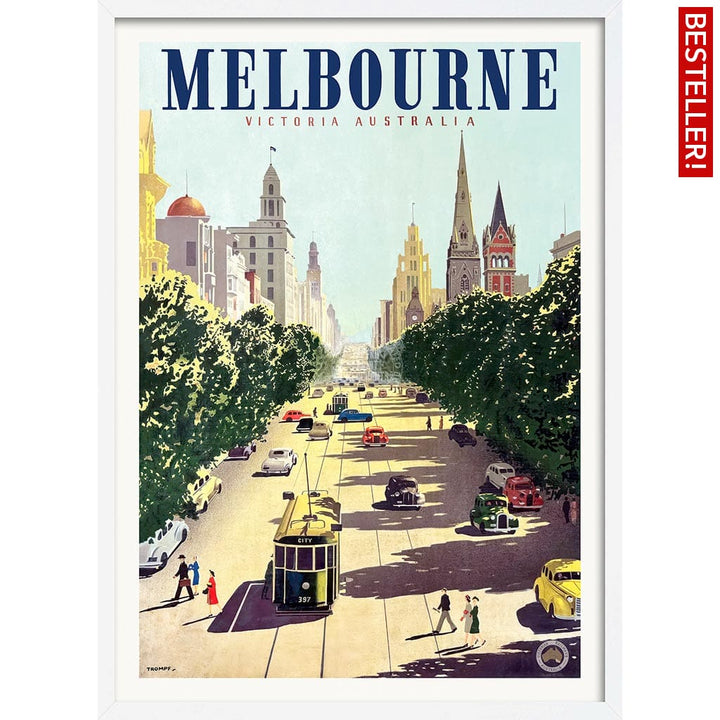 MELBOURNE COLLINS STREET | AUSTRALIA A3 | 297 x 420mm | 11.7 x 16.5 inches / Framed Print: White Timber Print Art
