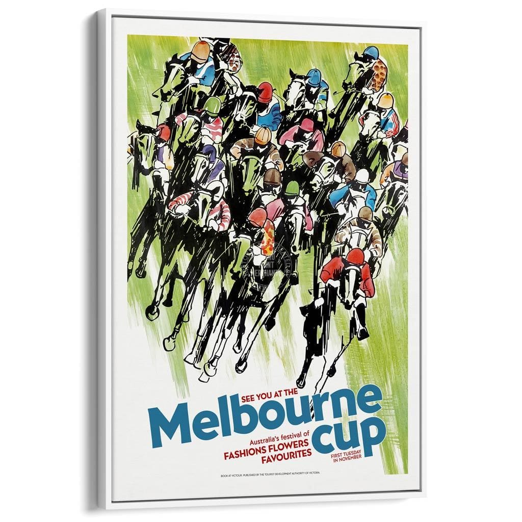 Melbourne Cup | Australia A3 297 X 420Mm 11.7 16.5 Inches / Canvas Floating Frame - White Timber
