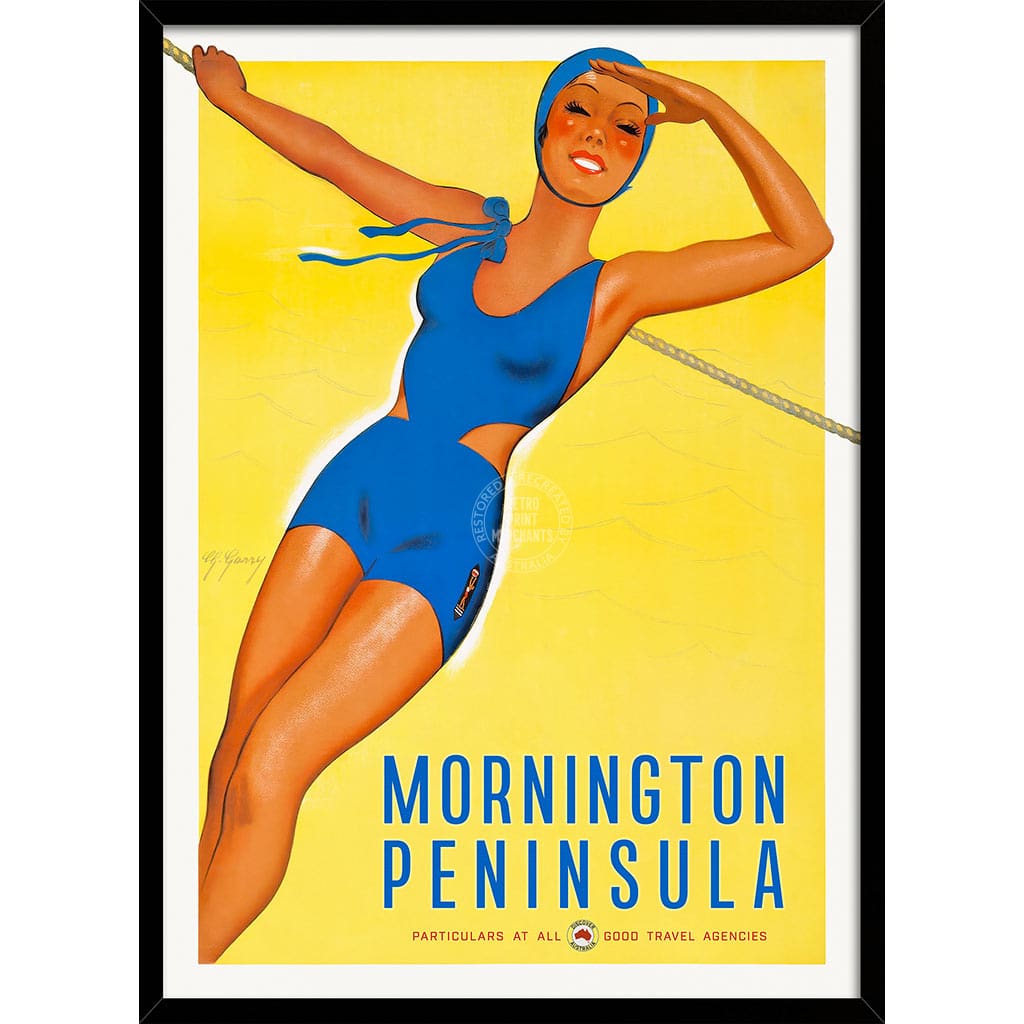 Mornington Peninsula Blue Bathers | Australia A3 297 X 420Mm 11.7 16.5 Inches / Framed Print: Black