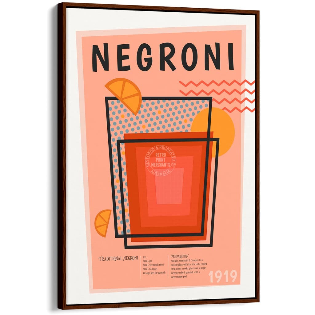 Negroni Cocktail | Worldwide A4 210 X 297Mm 8.3 11.7 Inches / Canvas Floating Frame: Chocolate Oak