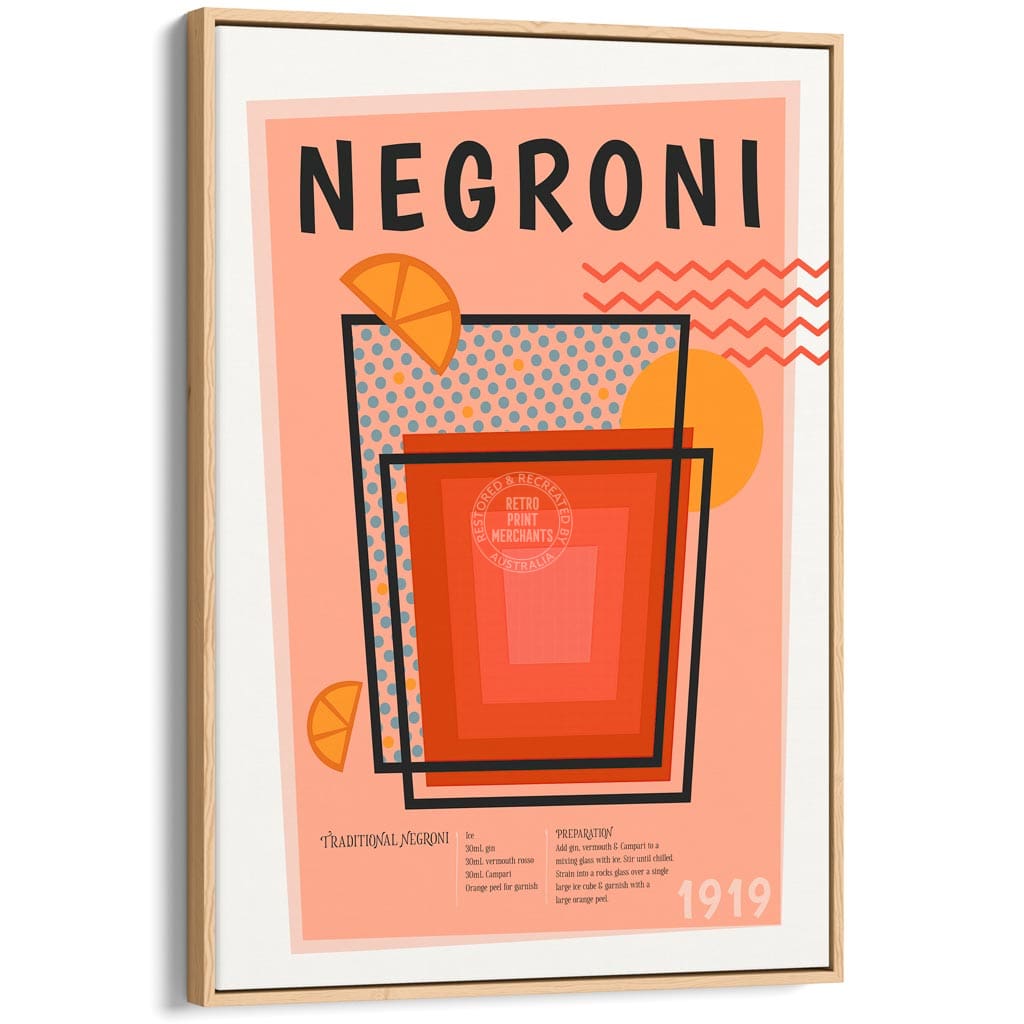 Negroni Cocktail | Worldwide A4 210 X 297Mm 8.3 11.7 Inches / Canvas Floating Frame: Natural Oak