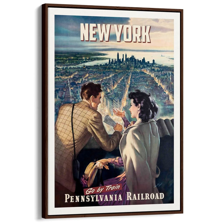 New York By Train | Usa A3 297 X 420Mm 11.7 16.5 Inches / Canvas Floating Frame - Dark Oak Timber