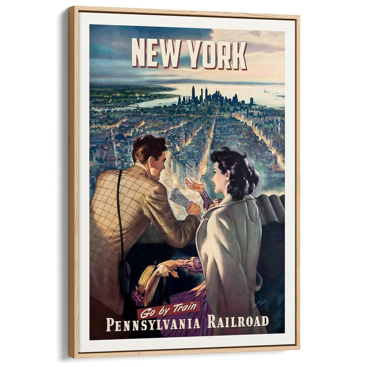 New York By Train | Usa A3 297 X 420Mm 11.7 16.5 Inches / Canvas Floating Frame - Natural Oak Timber