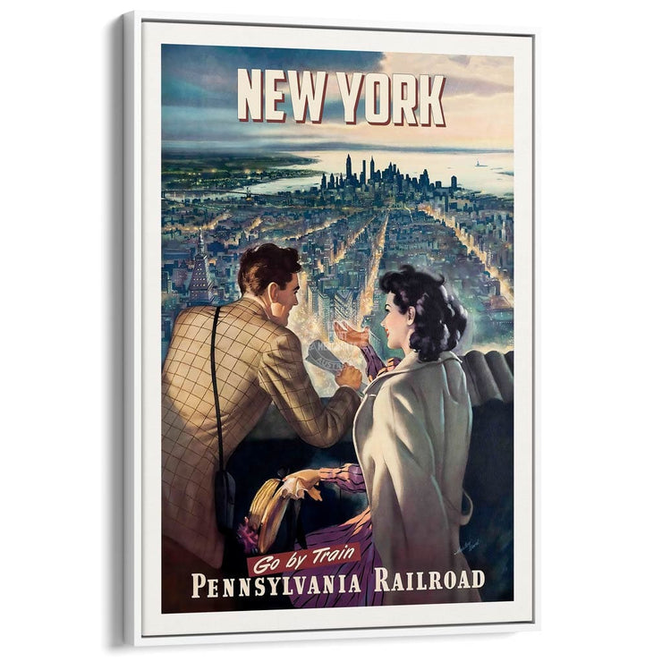 New York By Train | Usa A3 297 X 420Mm 11.7 16.5 Inches / Canvas Floating Frame - White Timber Print
