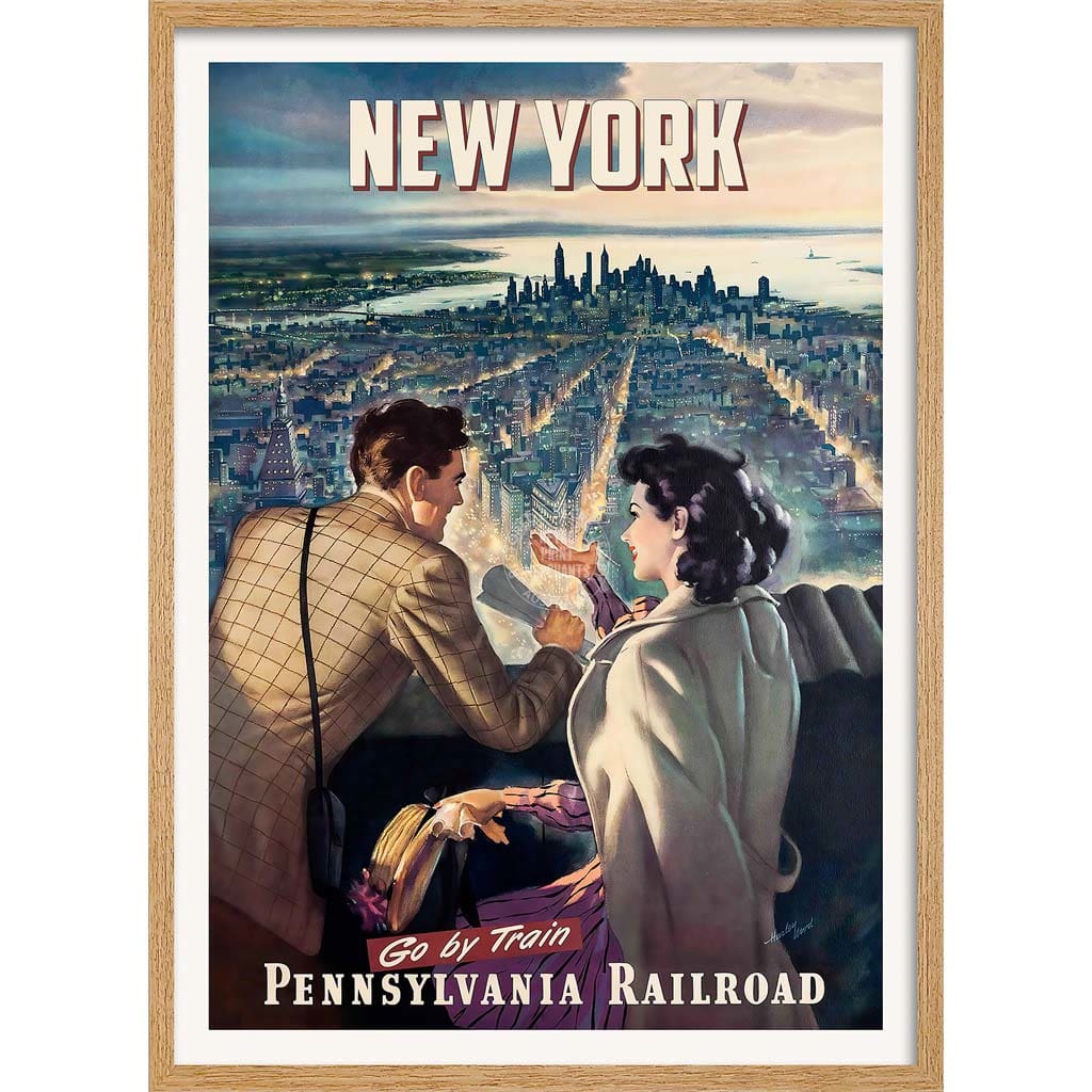 New York By Train | Usa A3 297 X 420Mm 11.7 16.5 Inches / Framed Print - Natural Oak Timber Art