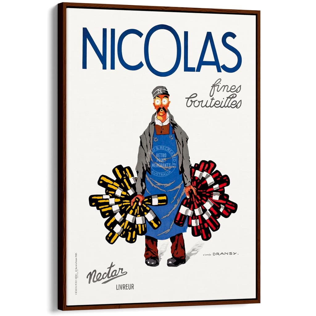 Nicolas Wines | France A4 210 X 297Mm 8.3 11.7 Inches / Canvas Floating Frame: Chocolate Oak Timber