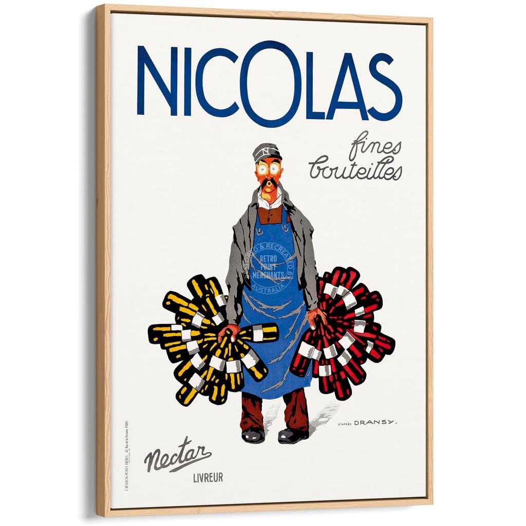 Nicolas Wines | France A4 210 X 297Mm 8.3 11.7 Inches / Canvas Floating Frame: Natural Oak Timber