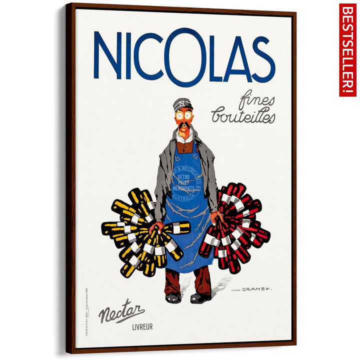 Nicolas Wines | France A4 210 X 297Mm 8.3 11.7 Inches / Canvas Floating Frame: Chocolate Oak Timber