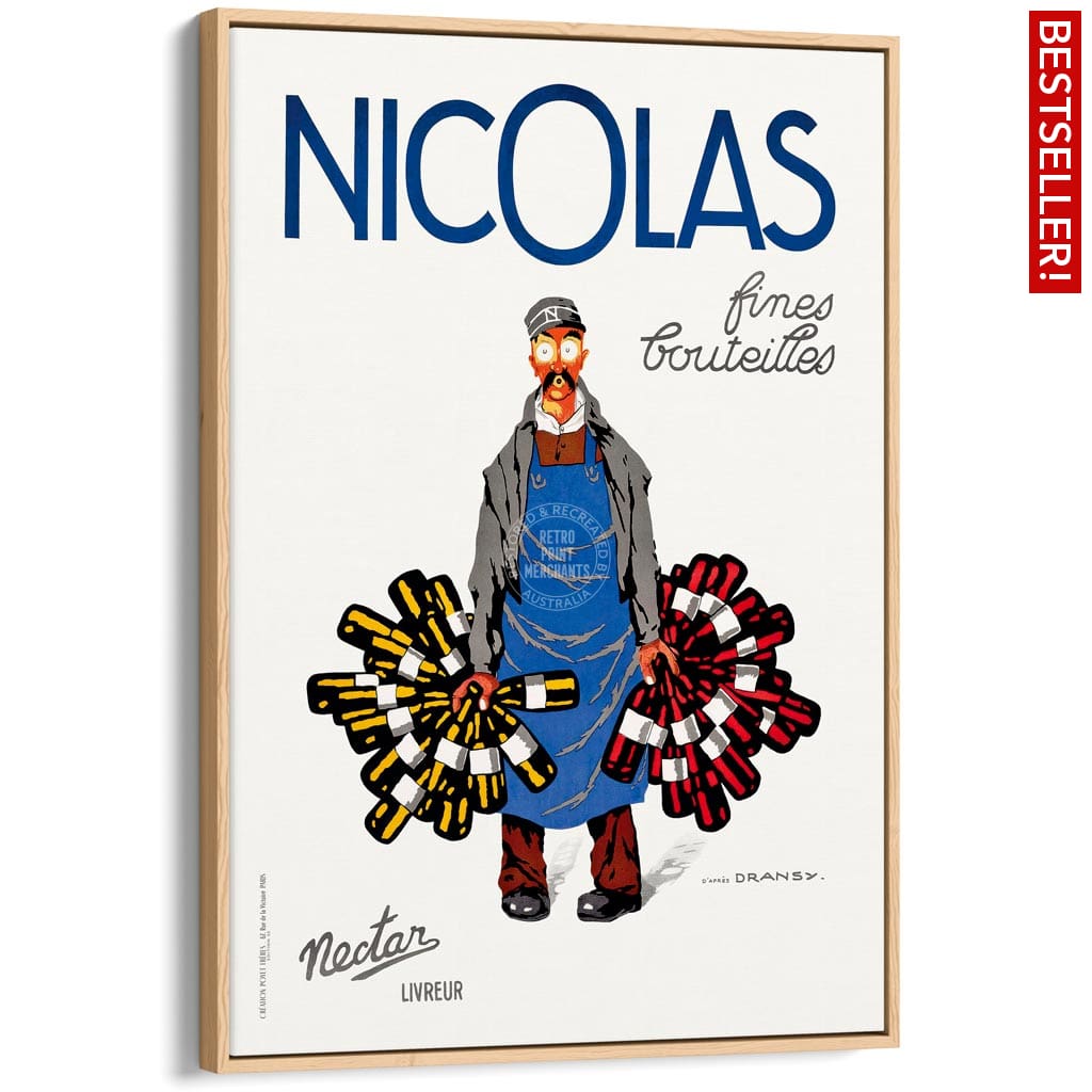 Nicolas Wines | France A4 210 X 297Mm 8.3 11.7 Inches / Canvas Floating Frame: Natural Oak Timber