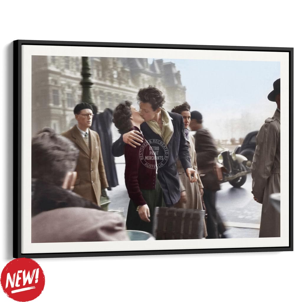 Paris Kiss | France A4 210 X 297Mm 8.3 11.7 Inches / Canvas Floating Frame: Black Timber Print Art