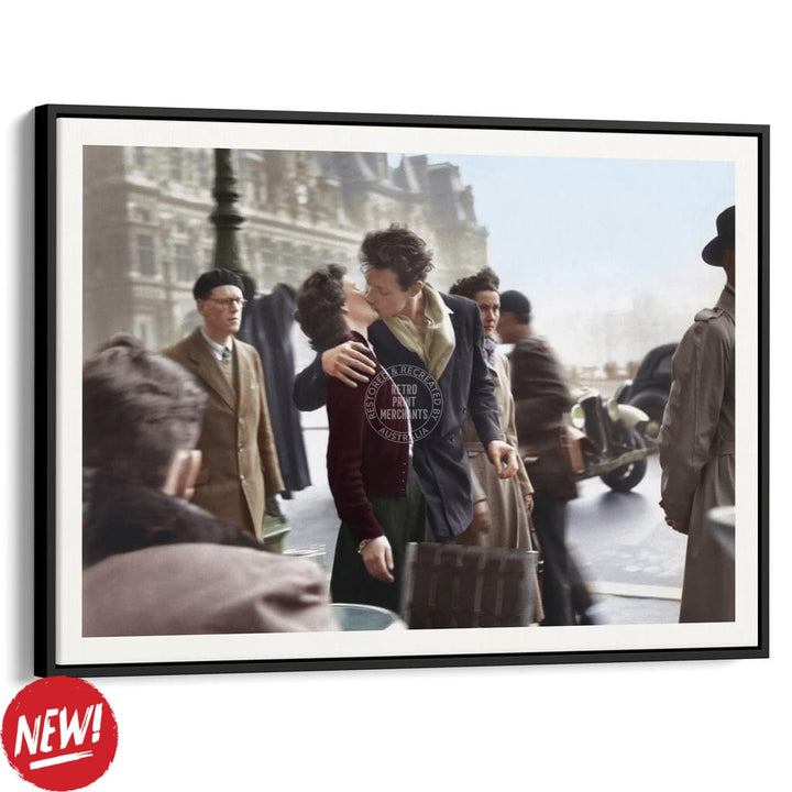 Paris Kiss | France A4 210 X 297Mm 8.3 11.7 Inches / Canvas Floating Frame: Black Timber Print Art