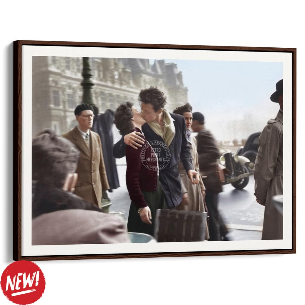 Paris Kiss | France A4 210 X 297Mm 8.3 11.7 Inches / Canvas Floating Frame: Chocolate Oak Timber
