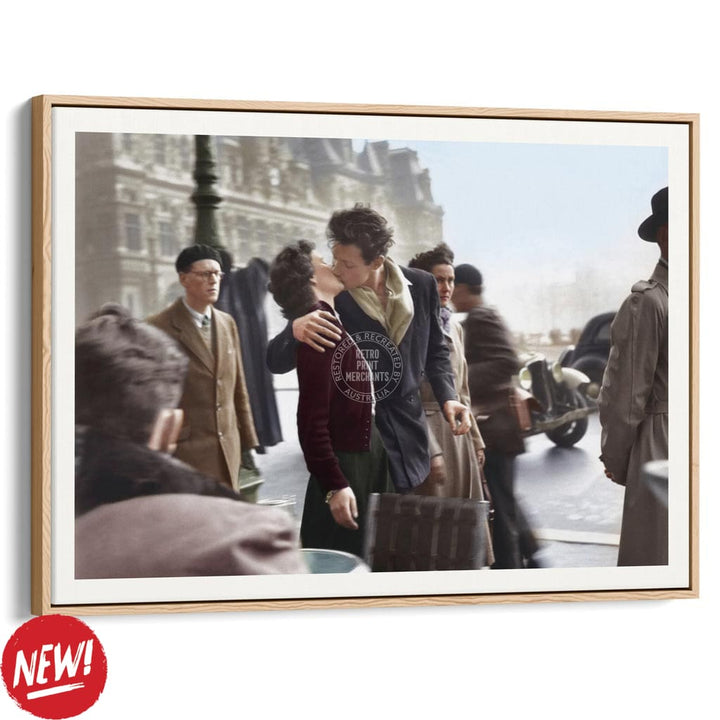 Paris Kiss | France A4 210 X 297Mm 8.3 11.7 Inches / Canvas Floating Frame: Natural Oak Timber