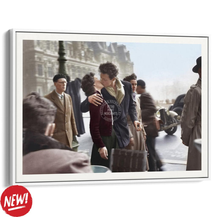 Paris Kiss | France A4 210 X 297Mm 8.3 11.7 Inches / Canvas Floating Frame: White Timber Print Art