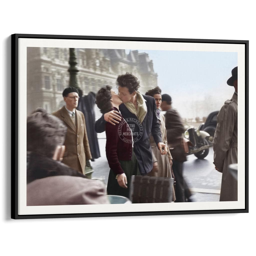 Paris Kiss | France A4 210 X 297Mm 8.3 11.7 Inches / Canvas Floating Frame: Black Timber Print Art