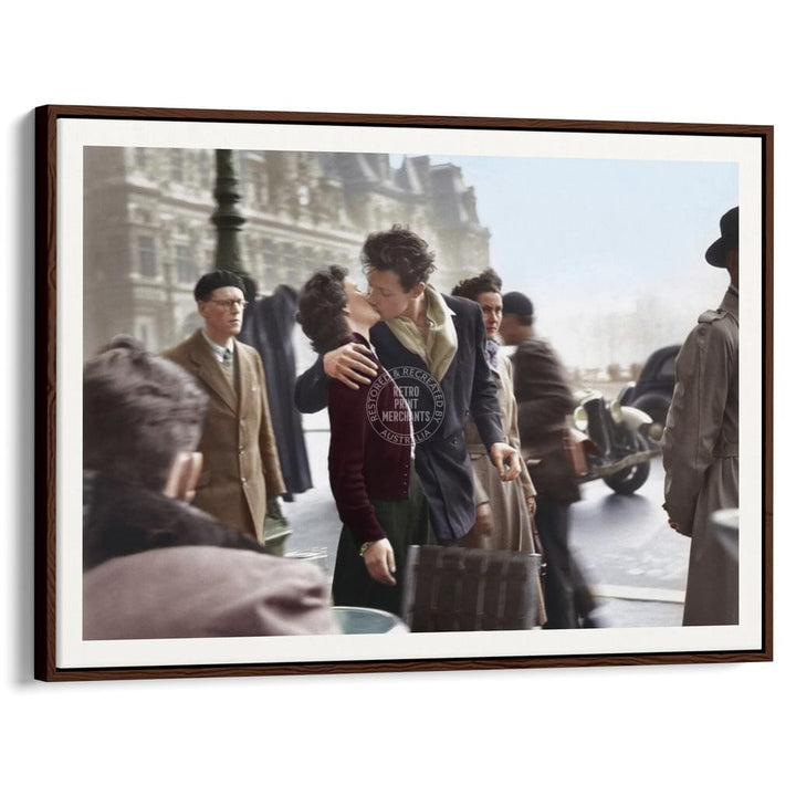 Paris Kiss | France A4 210 X 297Mm 8.3 11.7 Inches / Canvas Floating Frame: Chocolate Oak Timber