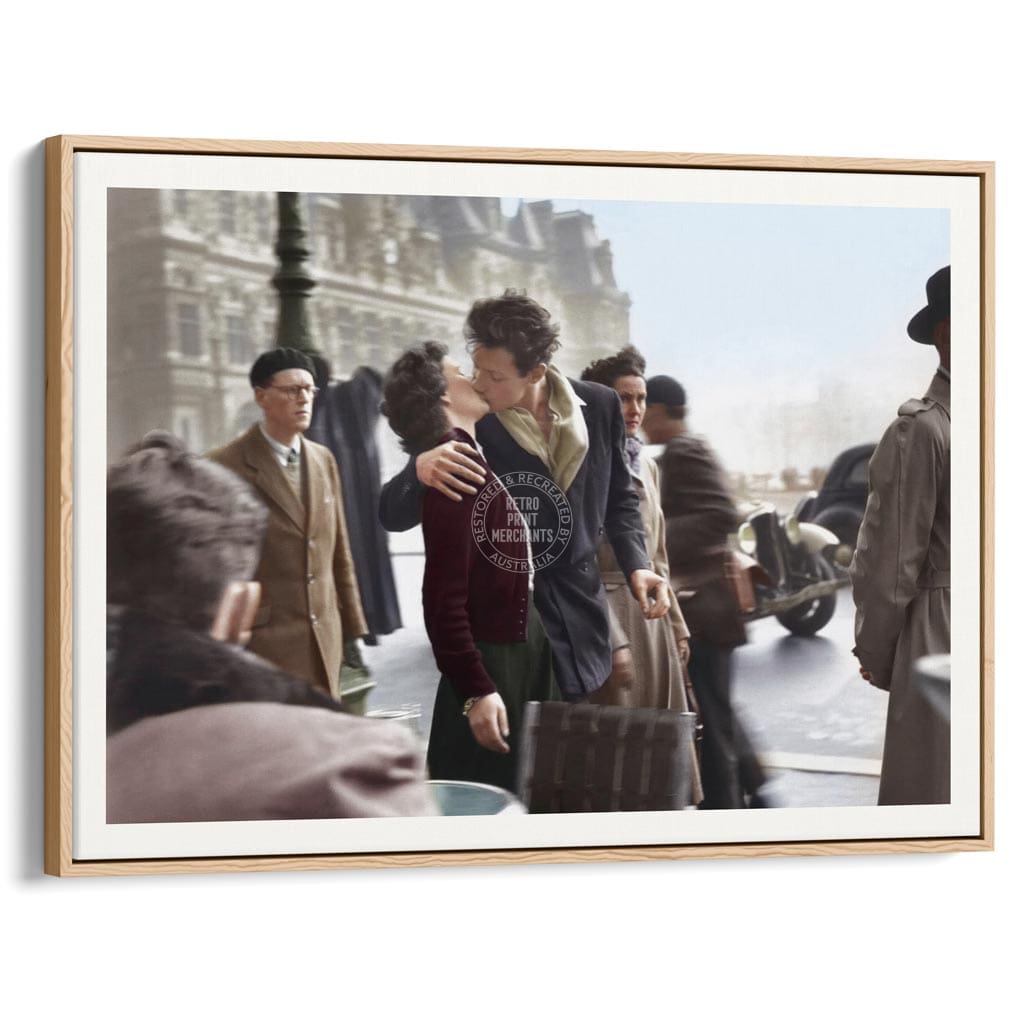 Paris Kiss | France A4 210 X 297Mm 8.3 11.7 Inches / Canvas Floating Frame: Natural Oak Timber