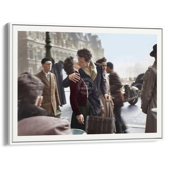 Paris Kiss | France A4 210 X 297Mm 8.3 11.7 Inches / Canvas Floating Frame: White Timber Print Art