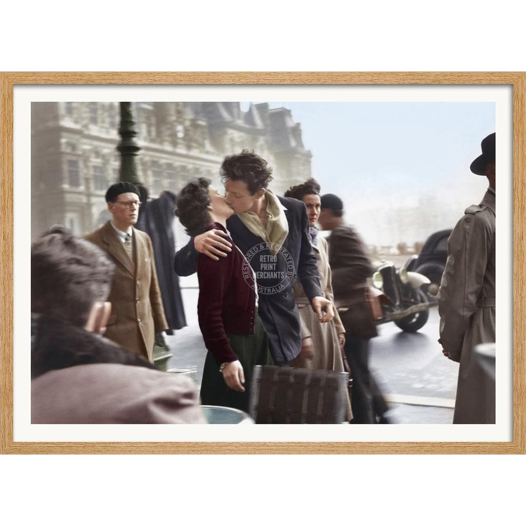 Paris Kiss | France A4 210 X 297Mm 8.3 11.7 Inches / Framed Print: Natural Oak Timber Print Art