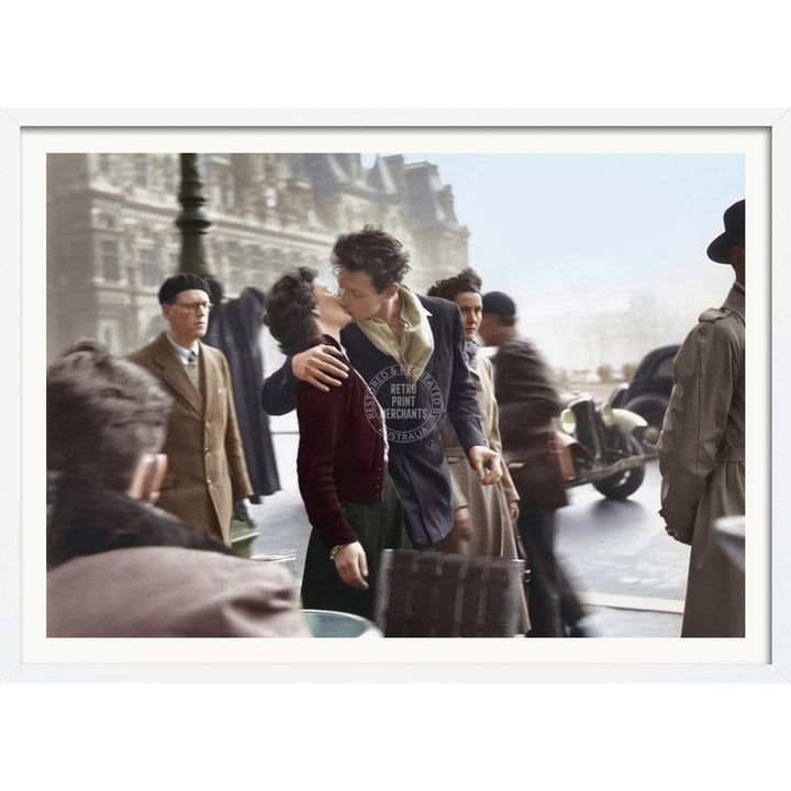 Paris Kiss | France A4 210 X 297Mm 8.3 11.7 Inches / Framed Print: White Timber Print Art