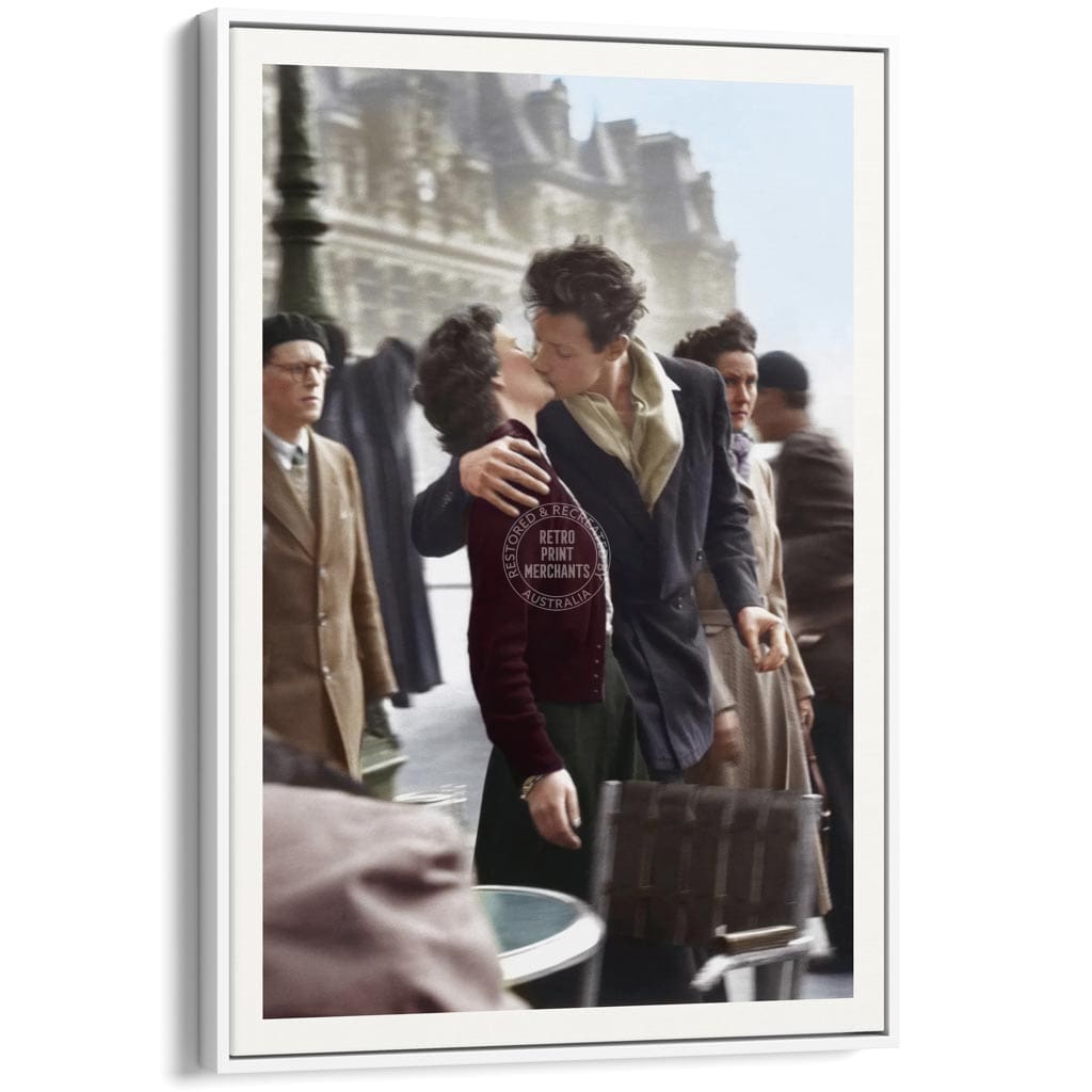 Paris Kiss Vertical | France A4 210 X 297Mm 8.3 11.7 Inches / Canvas Floating Frame: White Timber