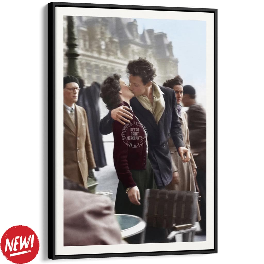 Paris Kiss Vertical | France A4 210 X 297Mm 8.3 11.7 Inches / Canvas Floating Frame: Black Timber