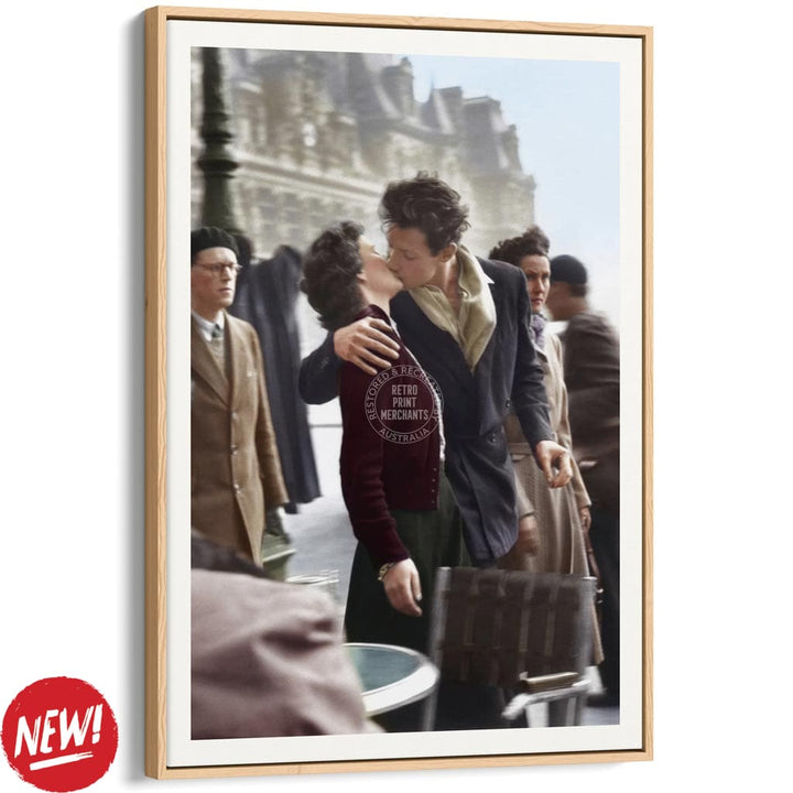 Paris Kiss Vertical | France A4 210 X 297Mm 8.3 11.7 Inches / Canvas Floating Frame: Natural Oak