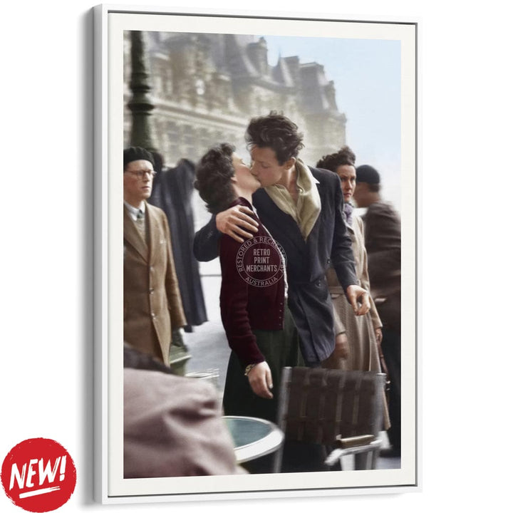 Paris Kiss Vertical | France A4 210 X 297Mm 8.3 11.7 Inches / Canvas Floating Frame: White Timber