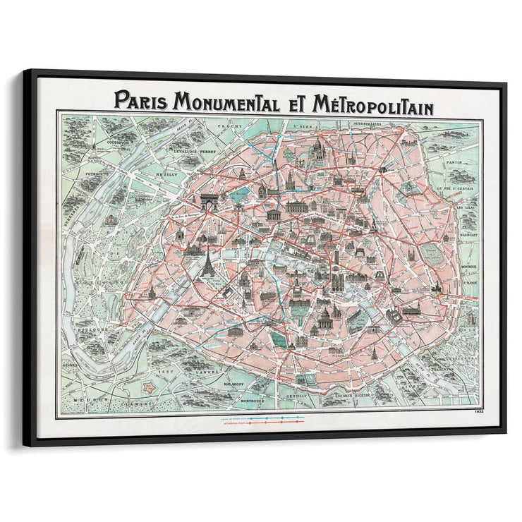 Paris Map | France A4 210 X 297Mm 8.3 11.7 Inches / Canvas Floating Frame: Black Timber Print Art